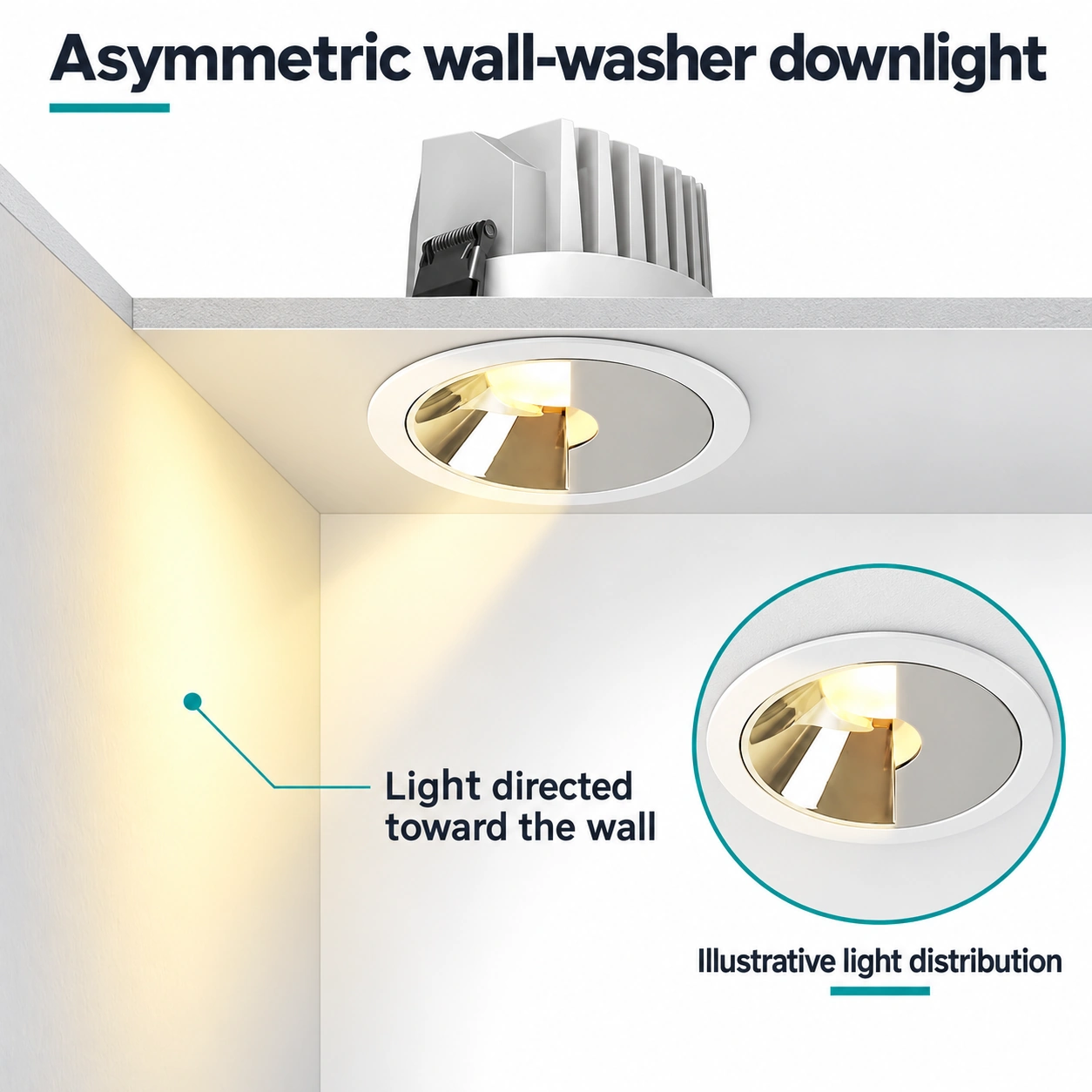 asymmetric recessed downlight wall washing beam direction