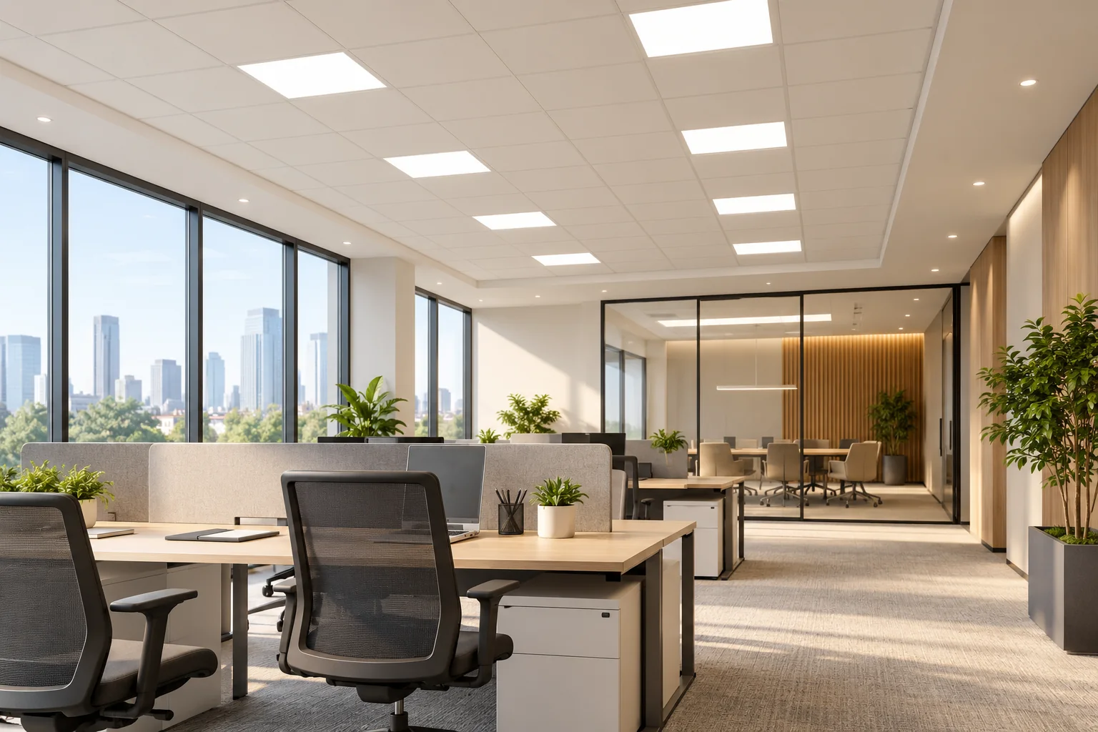 bright office ceiling led panel and downlight application