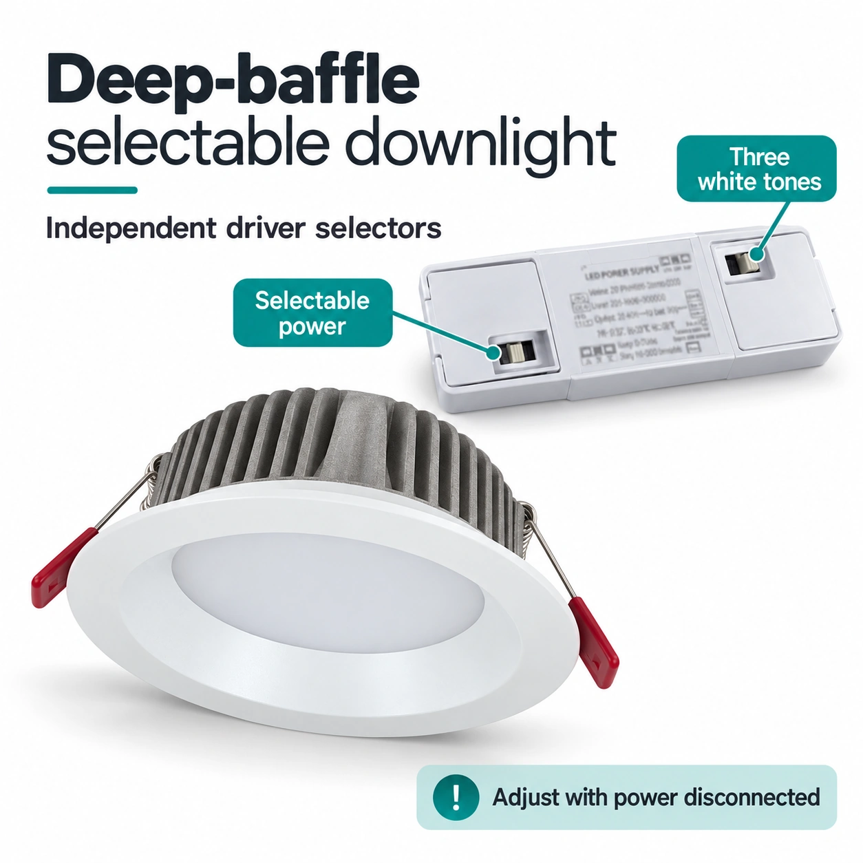 deep baffle round downlight power and three white tone selection