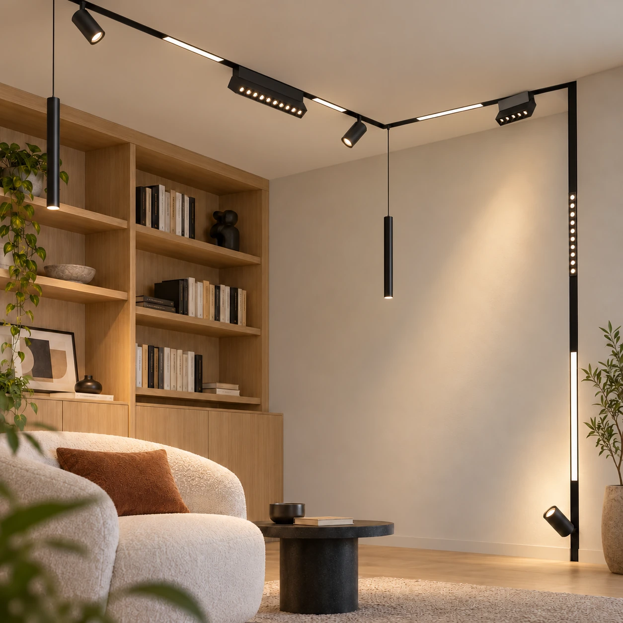 interior magnetic track lighting with pendants and grille modules