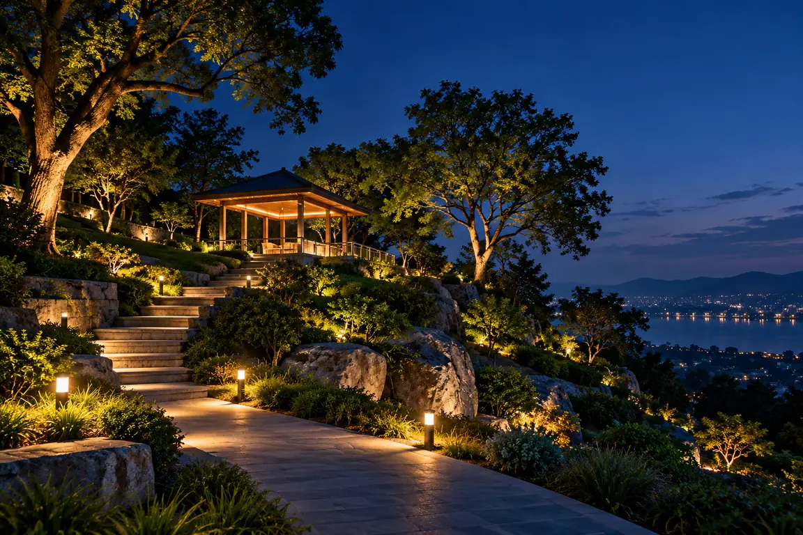 landscape hill and tree led uplighting
