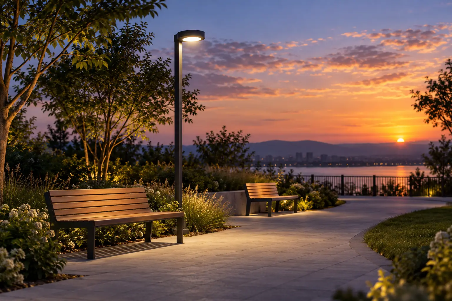 park seating area led pole lighting at dusk