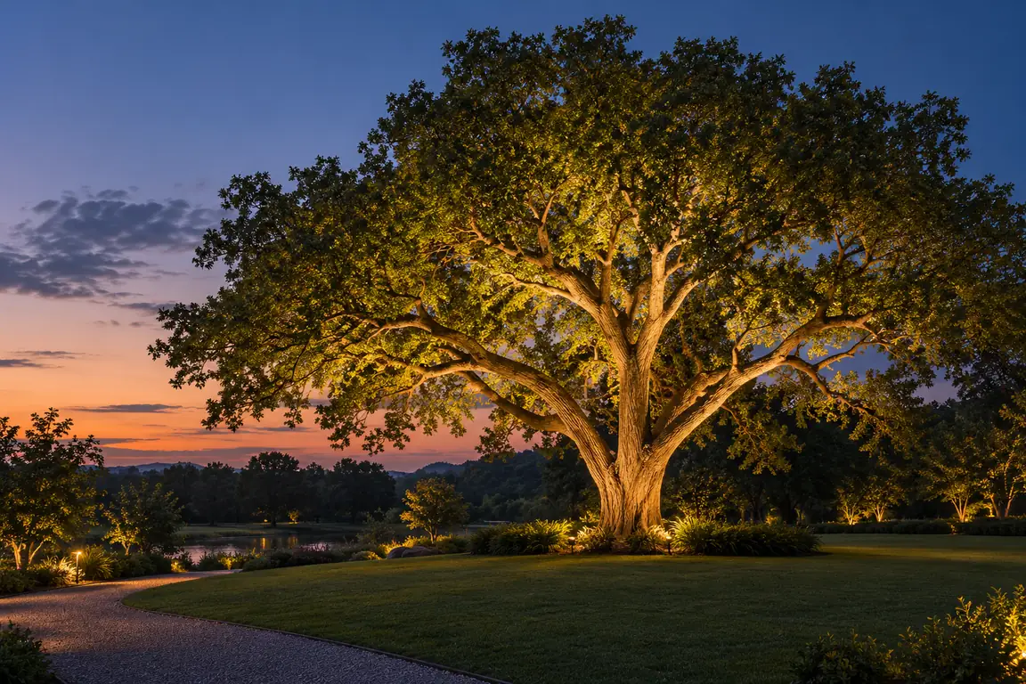 single mature tree warm led uplighting