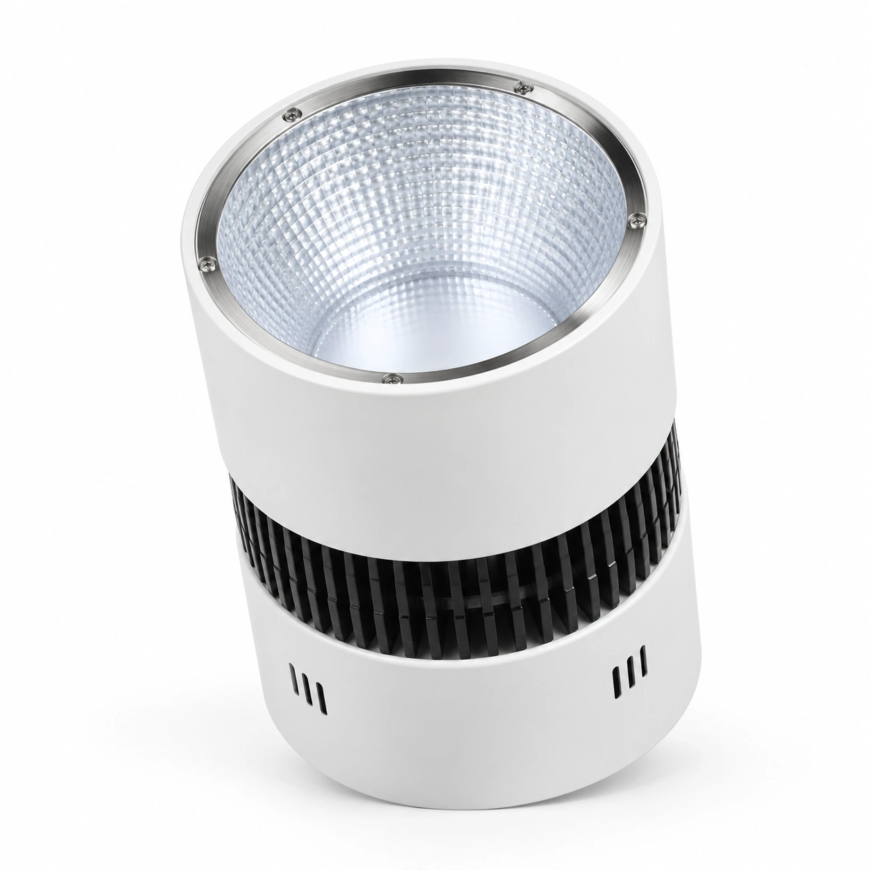 white cylinder luminaire central fin band