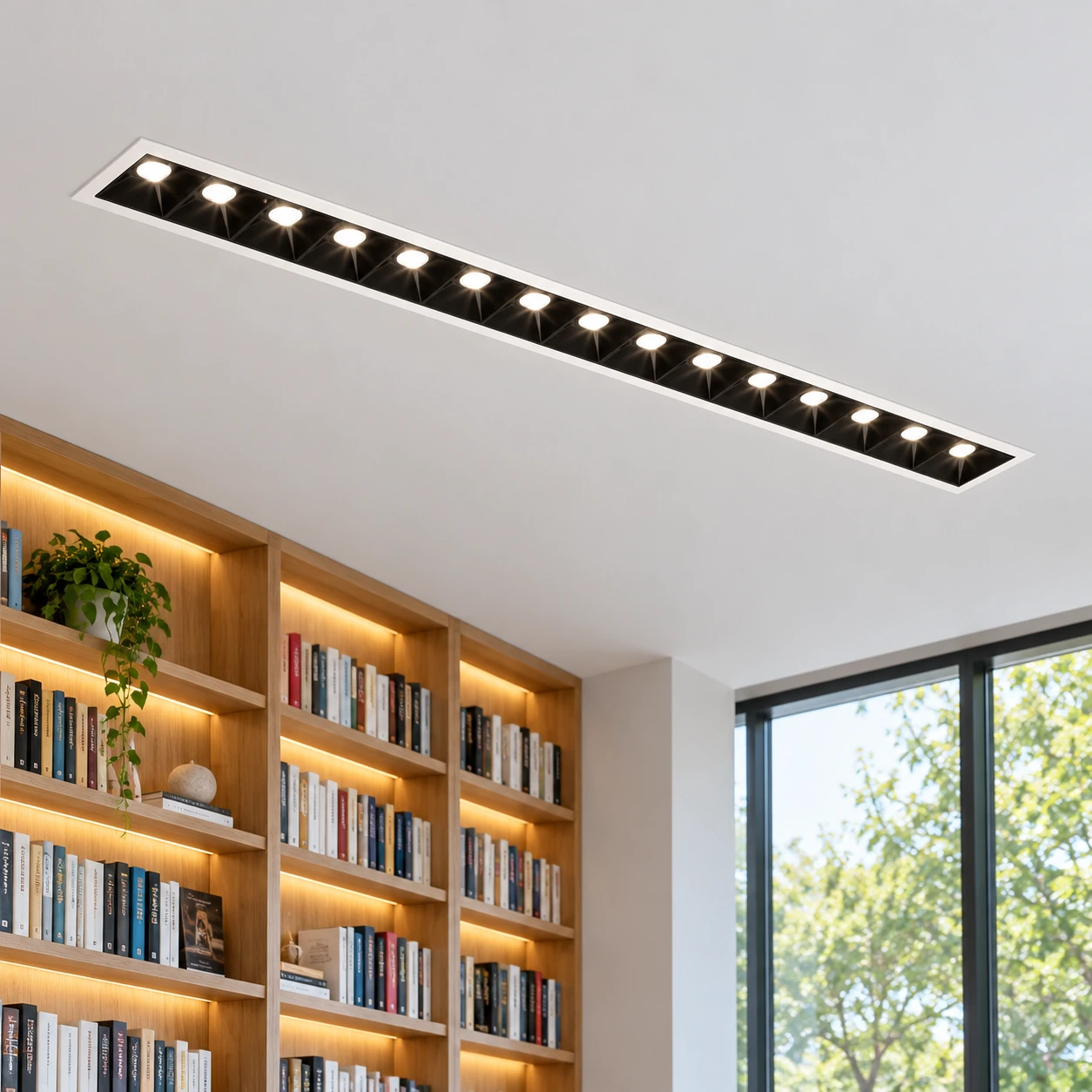 white recessed linear downlight fifteen cell ceiling installation
